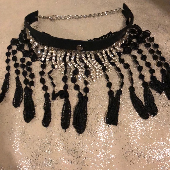 Lace, leather rhinestone choker - Picture 2 of 5